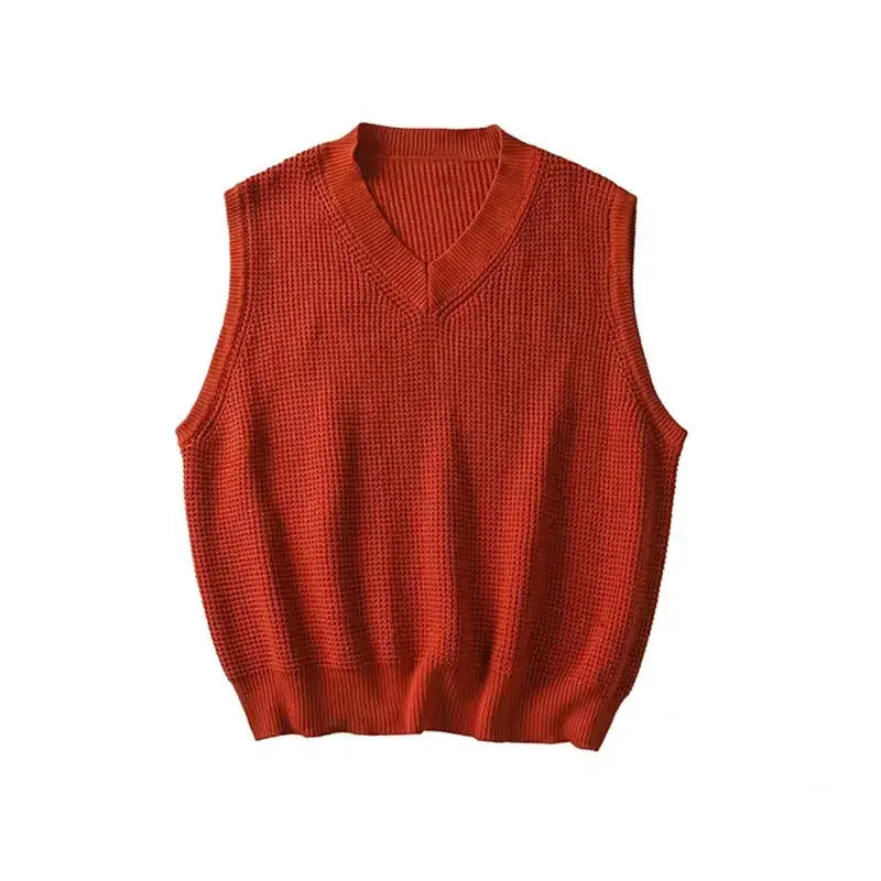 Threebooy Men's Clothing Solid Color Vest V Neck Waistcoat Knit Sweater Male Plain Blue Baggy Sleeveless Korean Style Spring Autumn 2024 X