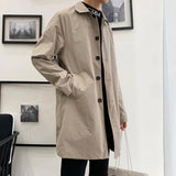 Threebooy Men Trench Coat Loose Fit Long Lapel Single Breasted Windbreaker Fashion Jacket Office Button Overcoat Oversized Men Clothing
