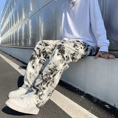 Threebooy Mens Fashion Printed jeans Spring Mopping Trousers Jeans Korean Style High Street Loose Hip Hop Wide-leg Jean Pants