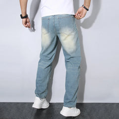 Threebooy Light Blue Slim Fit Men's Ripped Loose Jeans Elastic Hole Design Versatile Male High Street Beggar Denim Pants Retro Washed