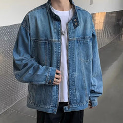 Threebooy  New High Street Men's Zip-up Denim Jackets Casual Washed Streetwear Stand Collar Texture Korean Harajuku Retro Long Sleeve Coats