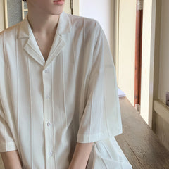 Threebooy Spring Summer Casual Simple Men's Solid Pleated Blouse Lapel Short Sleeve Streetwear Male Loose Leisure Shirts Men Clothing