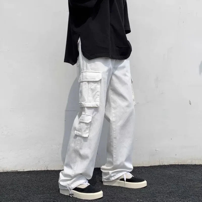 Threebooy  Male Trousers White Aesthetic Men's Cargo Pants Wide Multi Pocket Summer Multipockets Straight Clothing Long Fashion Regular Fit