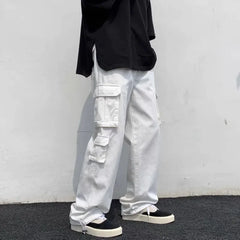 Threebooy  Male Trousers White Aesthetic Men's Cargo Pants Wide Multi Pocket Summer Multipockets Straight Clothing Long Fashion Regular Fit