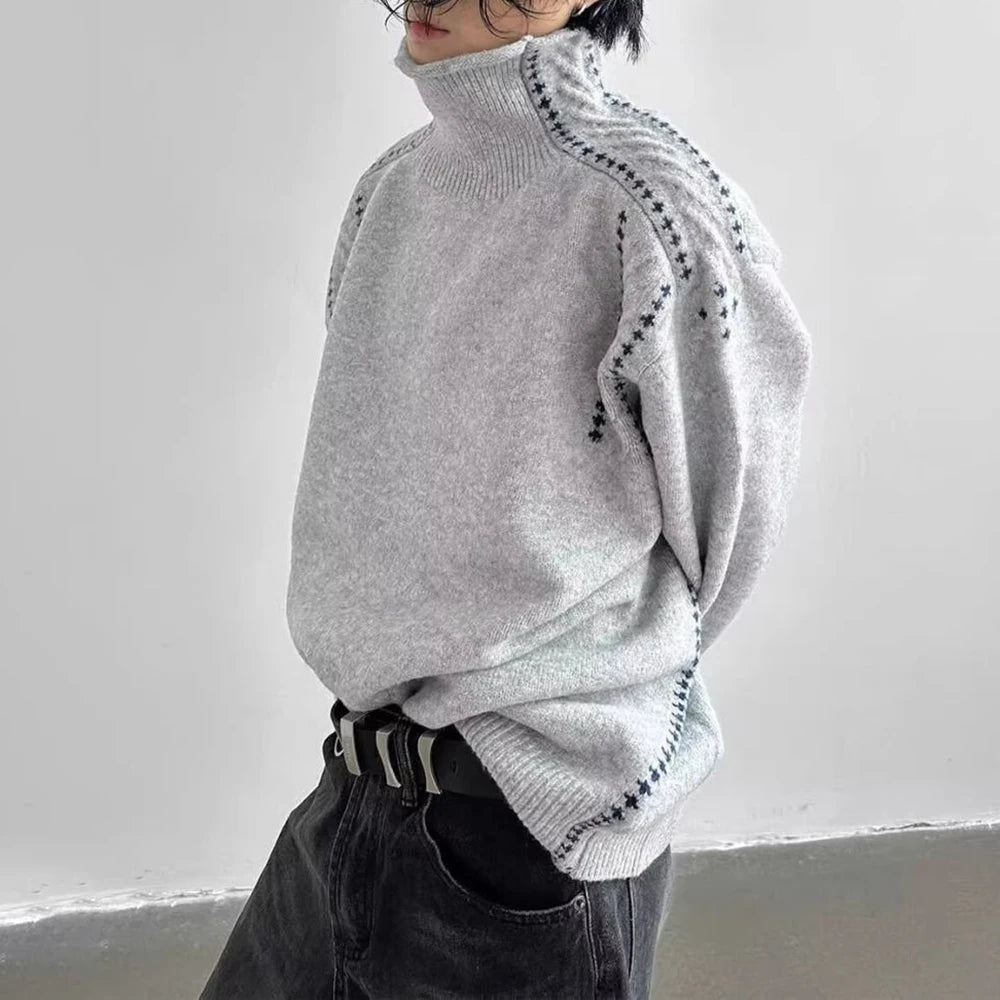 Threebooy  Fashionable Contrast Color Embellishment High Collar Sweater For Men Spring Autumn New Niche Design Lazy High-End Sweater