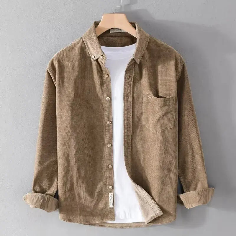Threebooy Autumn Winter Casual Loose Corduroy Jacket For Men Elegant Business Work Turn Collar Long Sleeve Shirts For Men