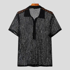 Threebooy  Summer Men's Clothing Knit Hollw Out Shirts Lapel Short Sleeve Mesh Sexy Button-down Solid Color Streetwear Party Knitwear S-3XL