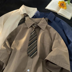 Threebooy Brown Vintage Shirts Female Japanese Urban Girl Tooling Short-sleeved Blouses Oversize Five-point Sleeve DK Uniform Tops