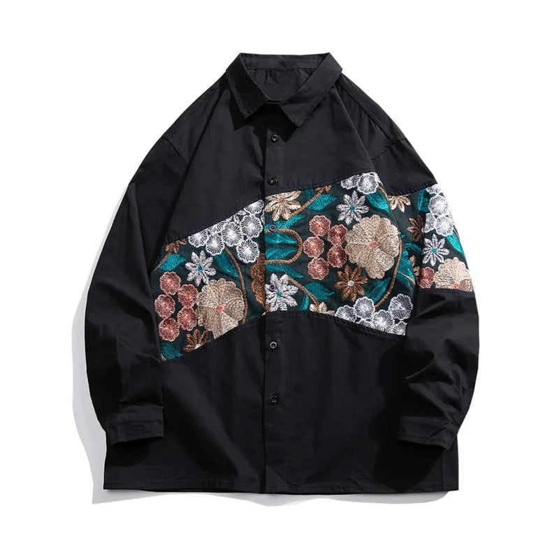 Threebooy Long Sleeved Shirt Men Fashion Retro Flower Shirt Mens Japanese Streetwear Hip-hop Loose Embroidered Shirt Men Large Size 5XL