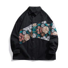 Threebooy Long Sleeved Shirt Men Fashion Retro Flower Shirt Mens Japanese Streetwear Hip-hop Loose Embroidered Shirt Men Large Size 5XL