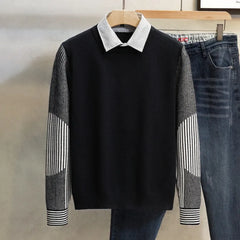 Pullovers Women Fake 2pcs Turn-down Collar Striped Korean Style Long Sleeve Spring Autumn Warm Office Streetwear Shopping New
