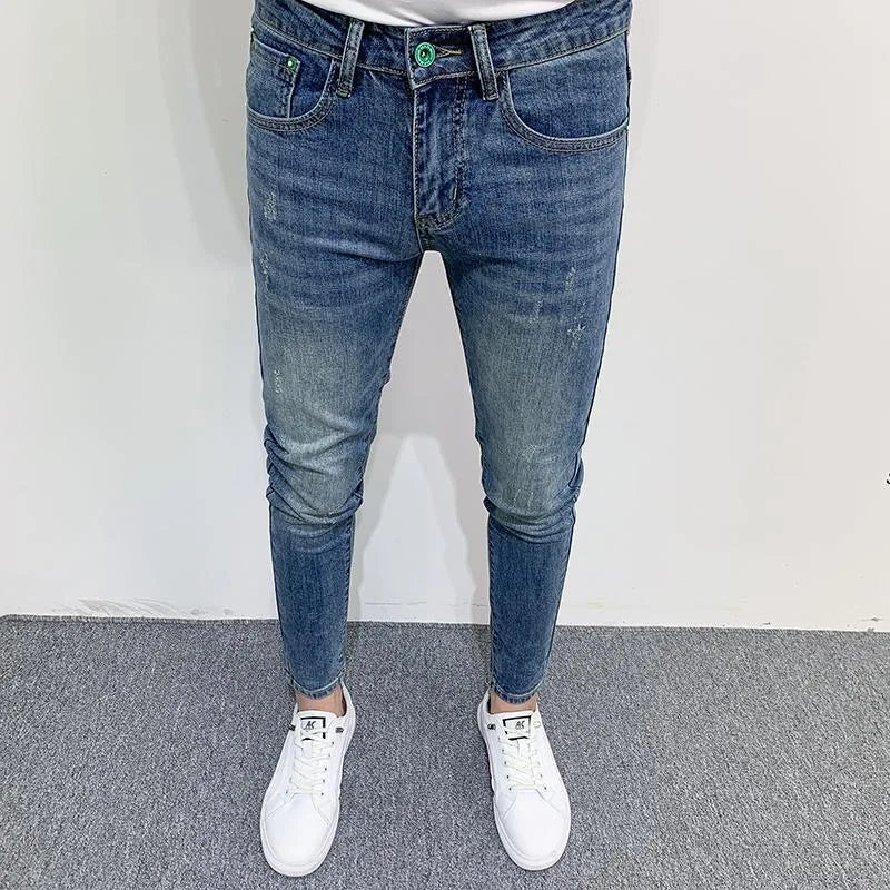 Threebooy  Autumn and Spring Fashion Solid Color Retro Straight Blue Jeans Men's Casual Slim Fit Comfortable Breathable High Quality Pants