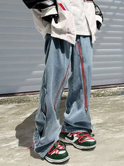 Threebooy American Goods Harajuku Casual Loose Punk Rock Straight Wide-Leg Pants Street Y2K Cargo Pants Retro Street Zipper Split Jeans