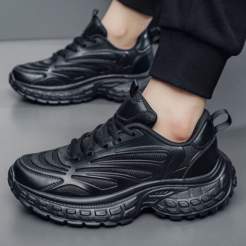 Threebooy  Men Pure Black Chunky Sneakers Casual Sports Shoes Thick Soles Platform Fashion Trend Shoes
