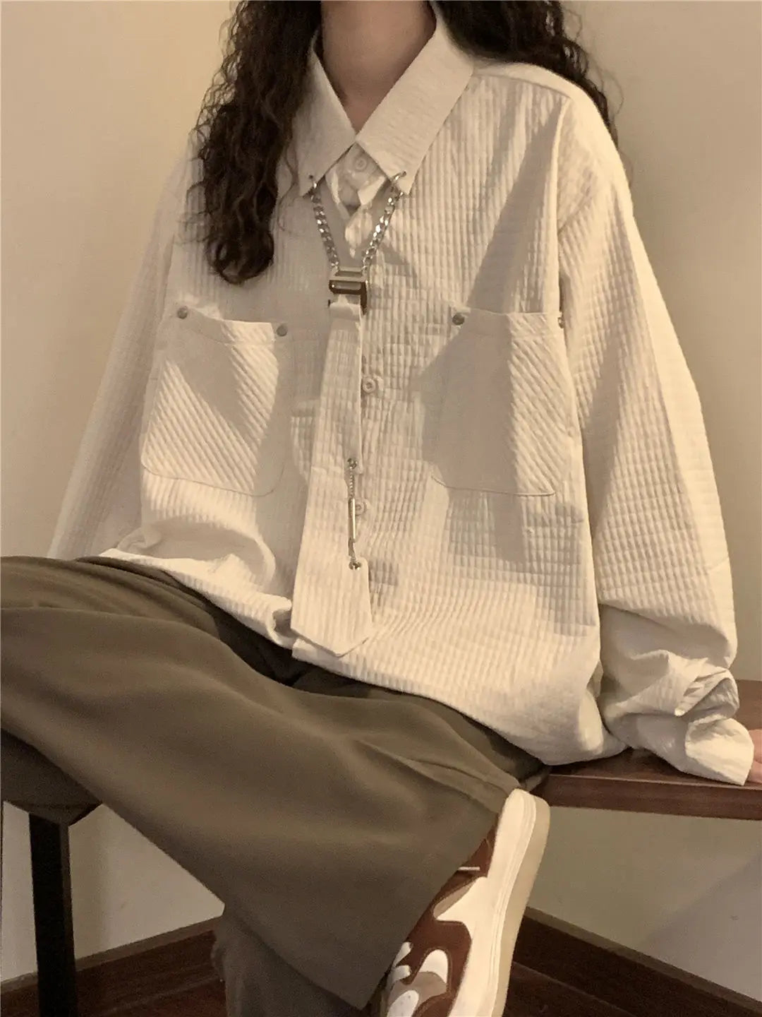 Threebooy Simple Cityboy Blouse Spring Autumn American Retro Corn Tie Long Sleeve Shirt Women Couple Tie Shirt Jacket Punk Design Top