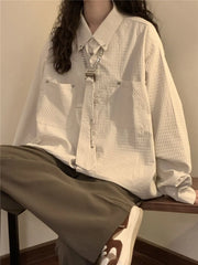 Threebooy Simple Cityboy Blouse Spring Autumn American Retro Corn Tie Long Sleeve Shirt Women Couple Tie Shirt Jacket Punk Design Top