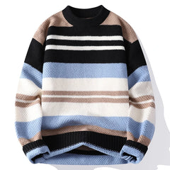 Threebooy  Autumn Winter Warm Casual Pullovers Men Knitted Sweater Fashion Patchwork Striped Loose Hip Hop Knit Streetwear Pull On Sweaters