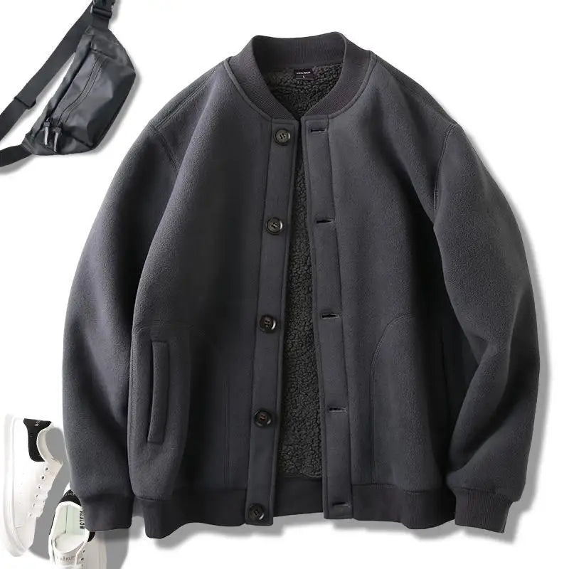 Threebooy Men's Jacket Autumn Winter Polar Fleece Stitching Double Layer Stand Collar Thickened Single-breasted Solid Color Jackets Tops