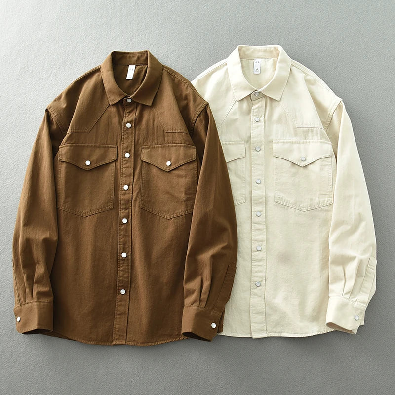 Threebooy Retro Washed Cotton Men's Shirts Spring Long Sleeve American Casual Blouses for Fashion Youth Man Work Wear Daily Tops