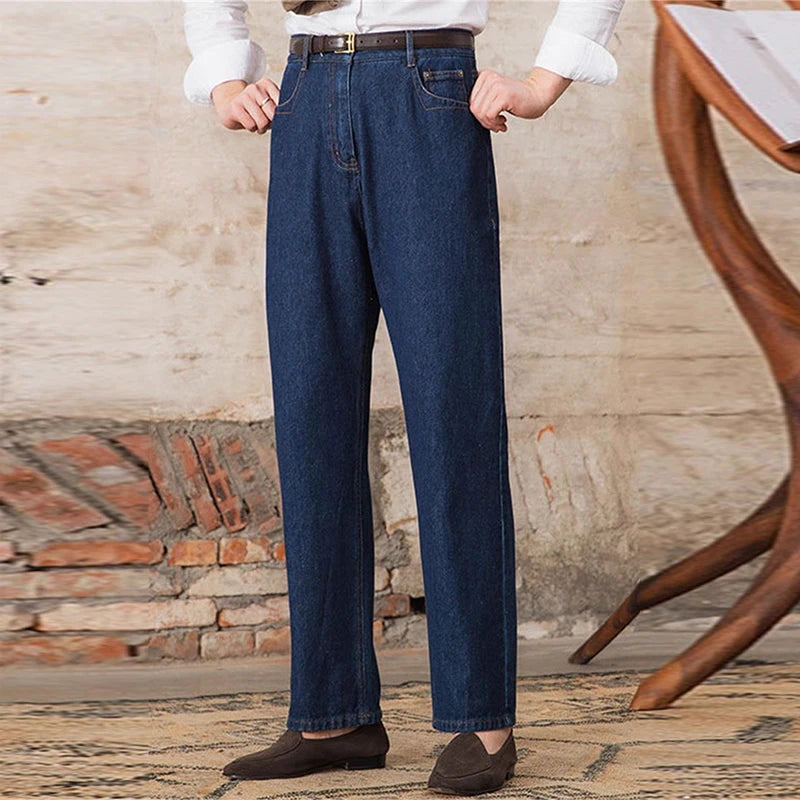 Threebooy  Luxury Naples Slim High Waist Denim Pants Fashion Navy American Retro Premium Elegant Jeans Men's Leisure Commuting Trousers
