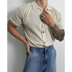 Threebooy  Korean Style Short Sleeve Polo Shirt Men's Casual Loose Knitted Button Cardigan Summer New Fashion Urban Fashion Polyester Fiber