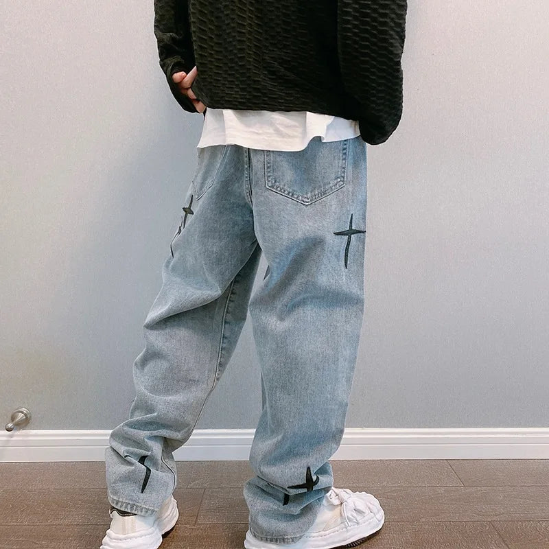 Threebooy Straight tube loose fitting spring and autumn Korean version trendy casual men's Hong Kong style wide leg pants