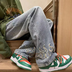 Threebooy  Men's Fashion Flame Embroidery Jeans Neutral Wide Denim Pants Baggy Straight Youth Casual Hip Hop Trousers Male Trendy Brand