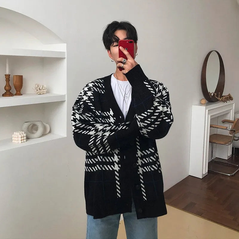 Threebooy Autumn Men's Clothing Luxury Knit V Collar Cardigan Sweater Coat Long Sleeve Korean Popular Leisure Patchwork Knitwear M-3XL