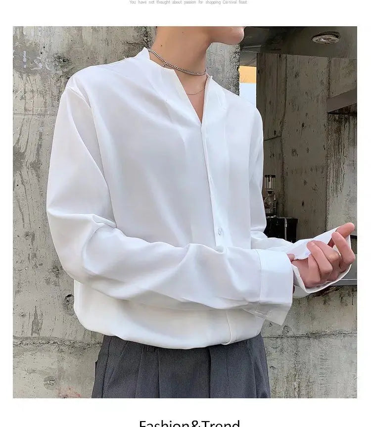 Threebooy 2025 New Retro V-neck Shirt Temperament Solid Color Long-sleeved Drooping White Shirt Korean Loose Trendy Top Aesthetic Chic