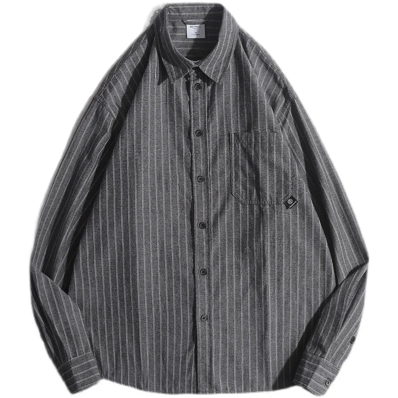 Threebooy Spring Autumn Japan Retro Long-sleeved Striped Shirt Men's Vintage Preppy Top Casual Loose College Boyfriend Style Shirt Jacket