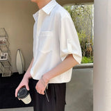 Threebooy Simple Korean Short Sleeved Men Summer Solid White Shirt Lapel Button Pocket Harajuku Fashion Trendy Loose Casual Thin Male Top