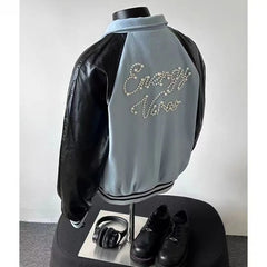 Threebooy  American Retro Baseball Uniform High Street Contrasting PU Leather Bead Design Ragdoll Sleeve Jacket Versatile Couple Jacket