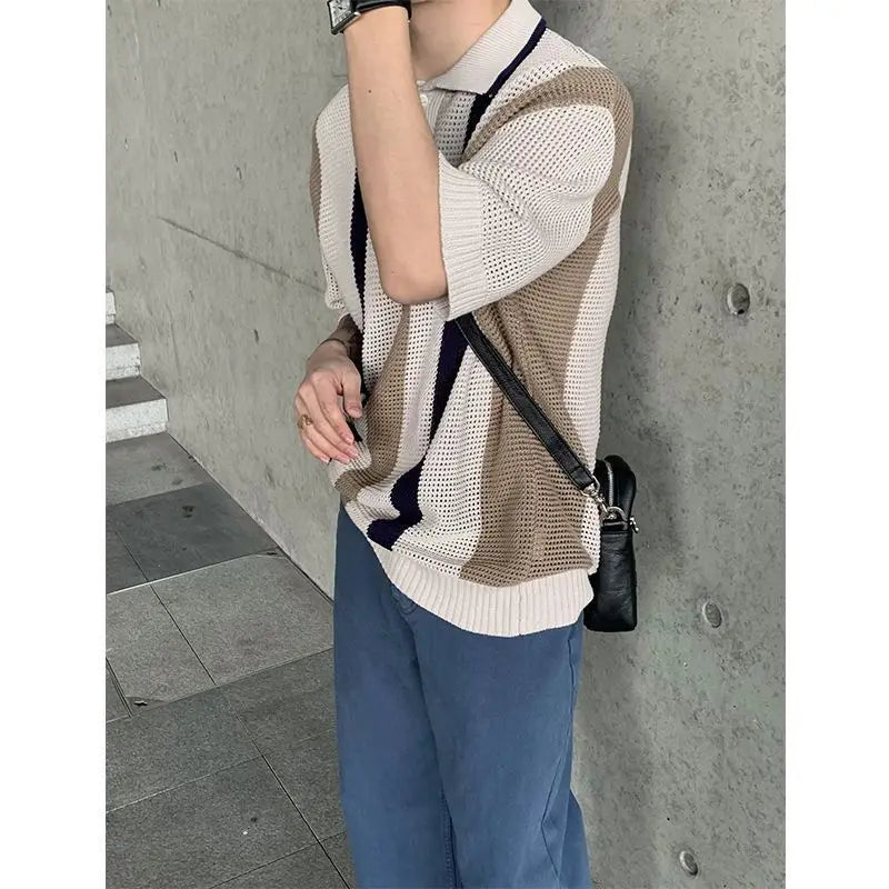 Threebooy Summer Hip Hop Men and Women Trendy Personalized Hollow Stripe Color blocked Knitted Polo Shirt Korean Casual Short Sleeve y2k