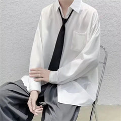 Threebooy White Solid Shirts With Tie Men's Oversize Long Sleeve Casual Cardigan Fashion Spring Autumn Blouses Unisex Daily All-match Tops