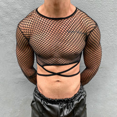 Threebooy Streetwear Tie-up Crop Tops Mens Mesh Long Sleeve T Shirts Sexy Nightclub See Through Hollow Tops Fashion Transparent Slim Tees