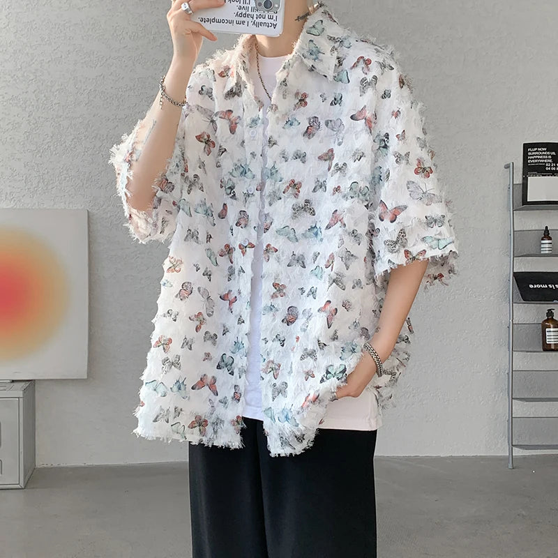 Threebooy Summer Butterfly Tassel Splice Shirt Men Loose Casual Floral Short Sleeve Shirts Women Oversize Streetwear Boy Girl Blouses