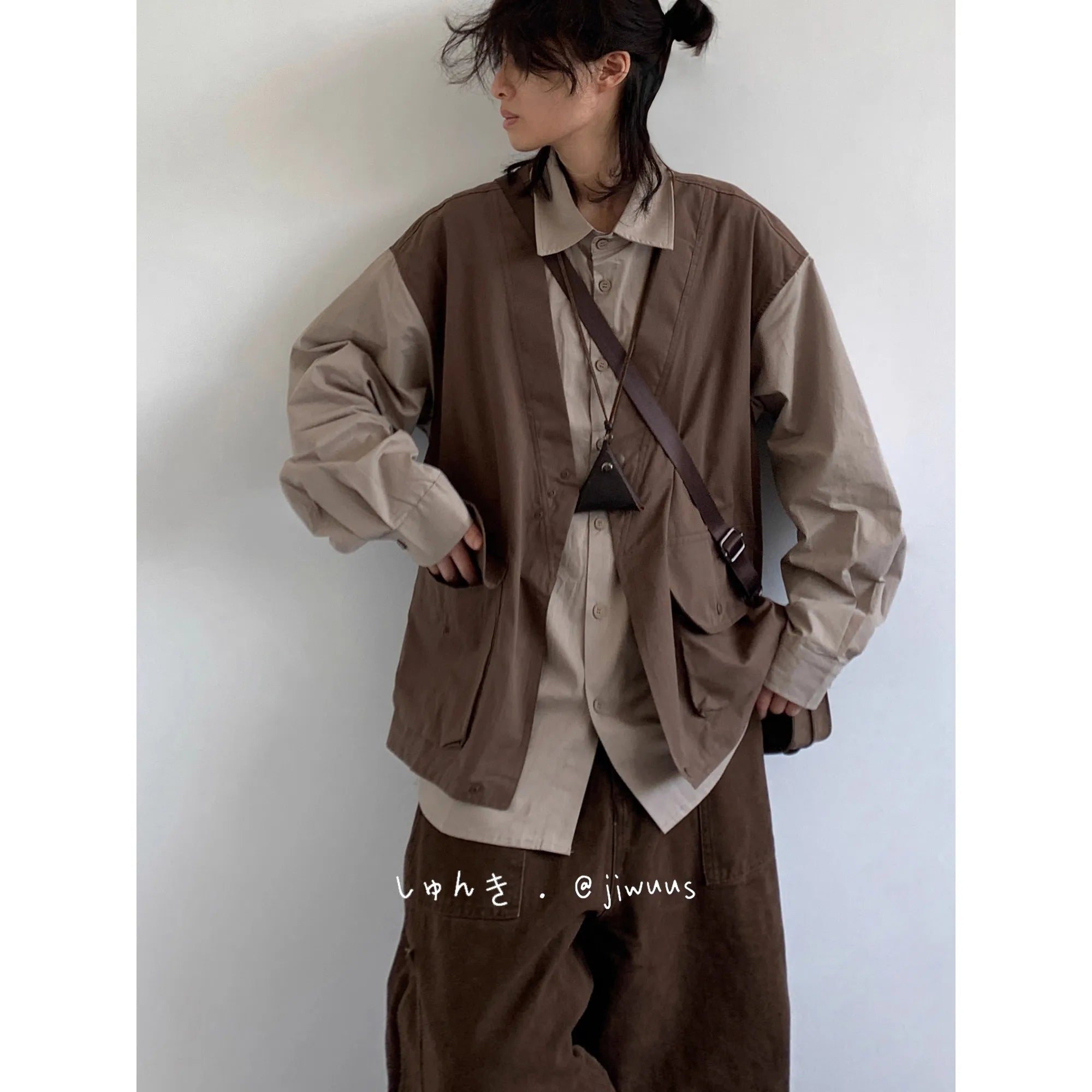 Threebooy  Japanese Style Dressing Retro Fake Two-piece Vest Long-sleeved Work Shirt American Fashion Men Casual Loose Shirt Trendy Jacket