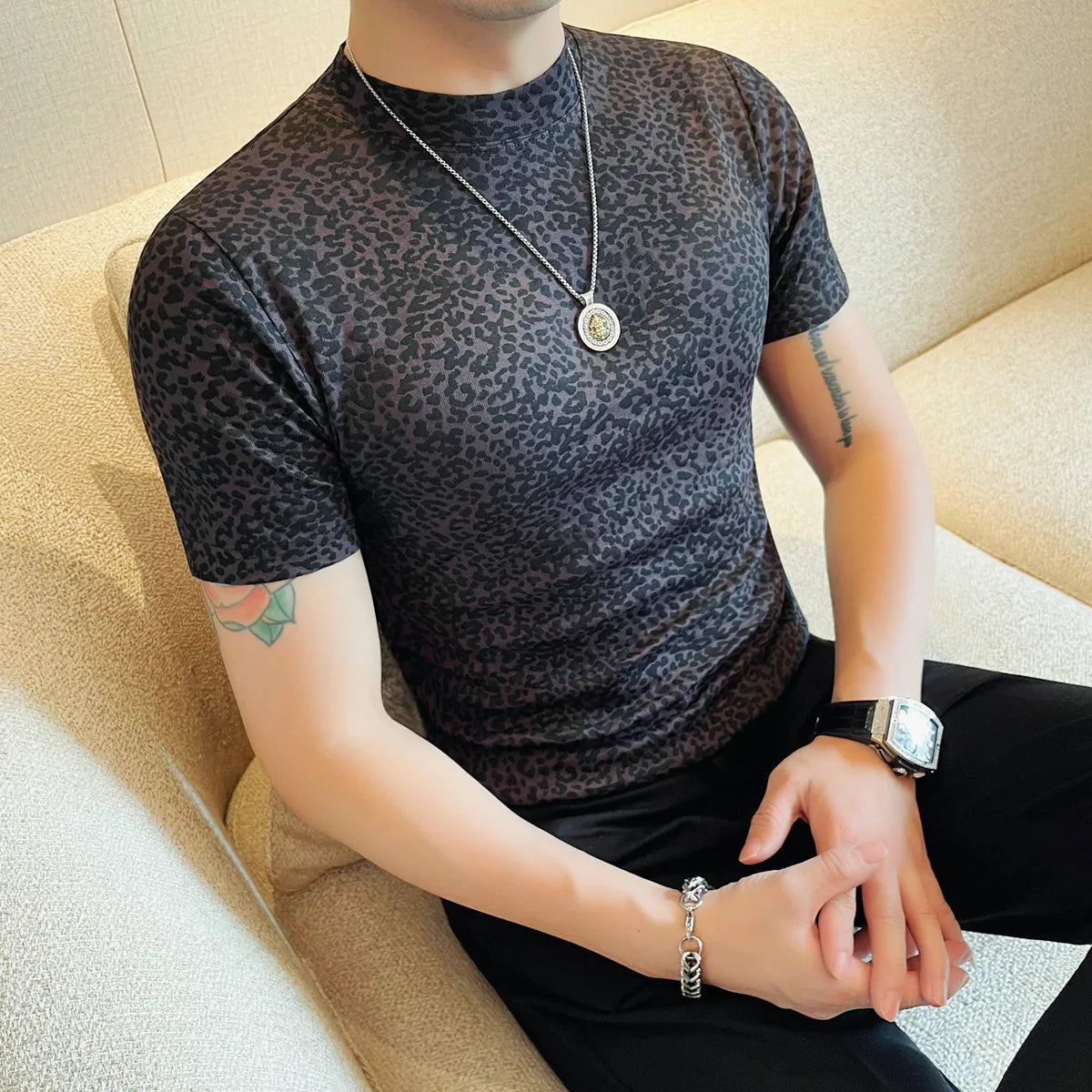 Threebooy  Summer New Leopard Pattern Short Sleeve T-shirt Half Sleeve Hoodie Bottom Shirt Fashion Slimming Top T-shirt Size 4XL-M