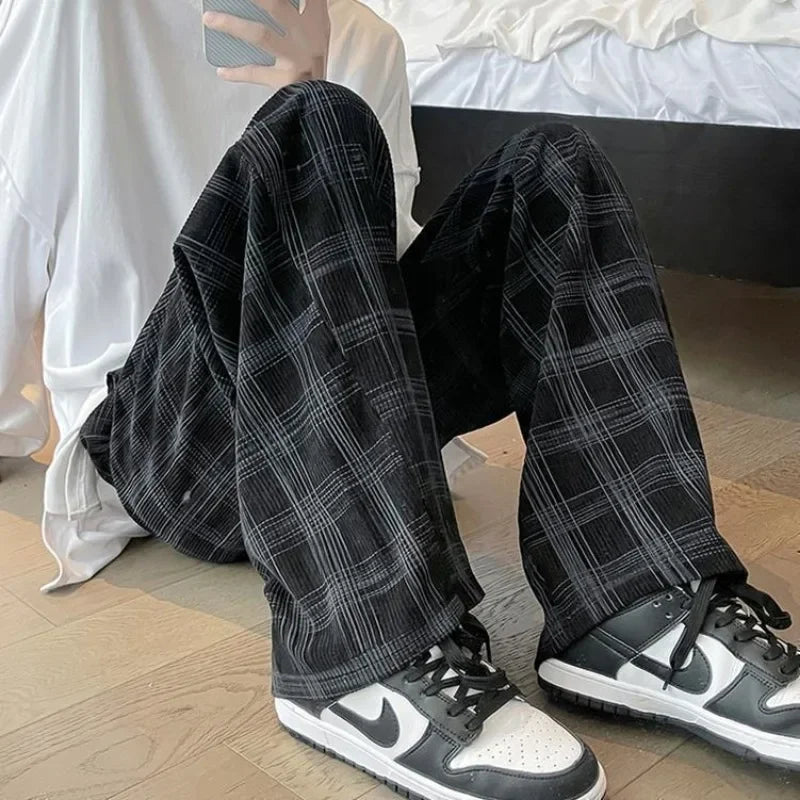 Threebooy Check Trend Plaid Baggy Trousers For Men Loose Classic Korean Style Designer Clothes Big Size Harajuku Fashion Casual Pants Man