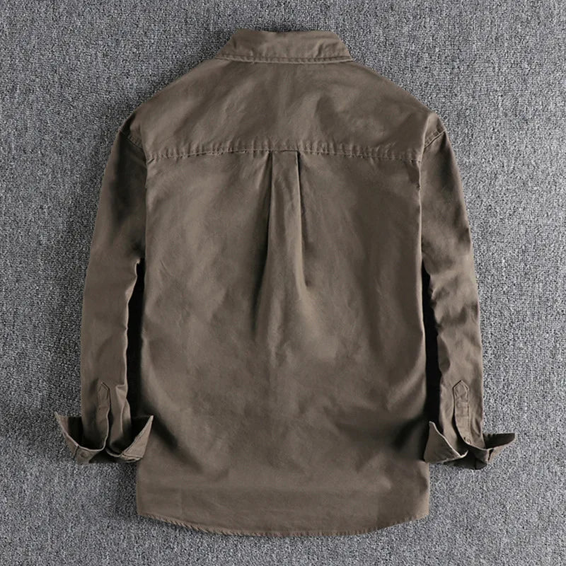 Threebooy  Cargo Men Long Sleeve Shirt Pure Cotton Design Pocket Washable Old Vintage Workwear Tops Male Fashion Casual Thin Shirts Jackets