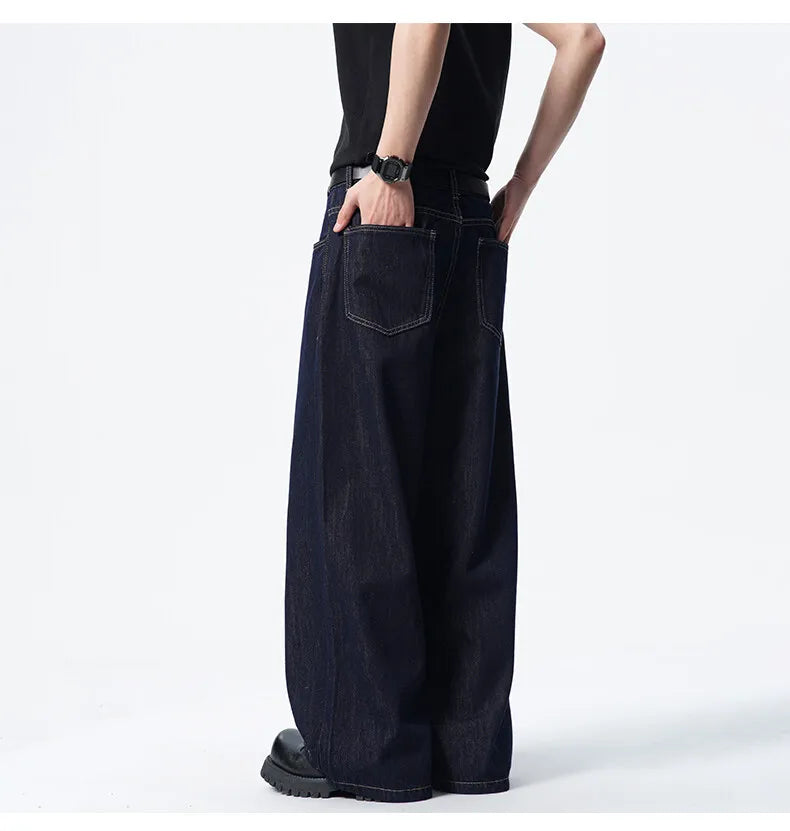 Threebooy Men Dark Blue Loose Drag Floor Length Jeans Classic Straight Leg Denim Pants Wholesale Hot Sale Minimalist Casual Streetwear