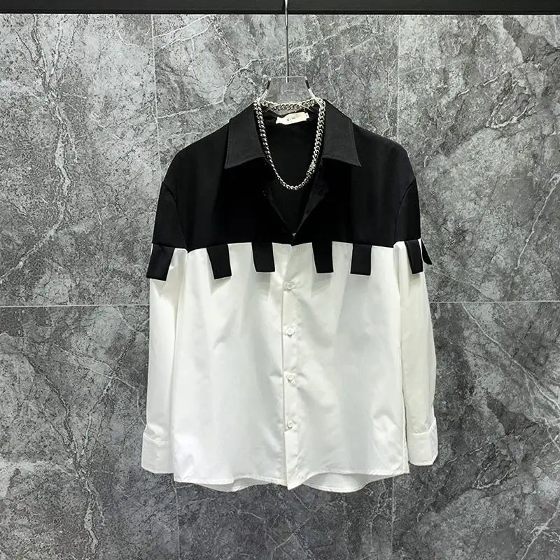 Threebooy  Spring Autumn High-end Fashionable Color Block Shirt Trendy Niche Design Structure Contrast Color Loose Long Sleeve Shirt