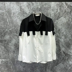 Threebooy  Spring Autumn High-end Fashionable Color Block Shirt Trendy Niche Design Structure Contrast Color Loose Long Sleeve Shirt