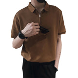 Threebooy Summer Men's Social Simple Lapel Collar Zipper Polo T-shirt Short Sleeve Slim Fit T Shirts Brown/grey Color Tshirts Size M-3XL