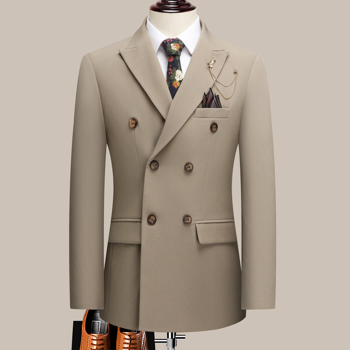Threebooy  Men's Solid Color Two-Piece Suit Set with Lapel Collar And Double Breasted Buttons Business Casual Four Seasons Wear