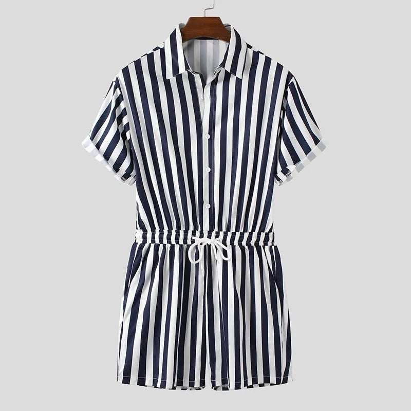 Threebooy  Men's Striped Romper Shorts Fashion Casual Playsuit Short Sleeve Button-down Shorts Lapel Jumpsuit Drawstring Streetwear S-3XL