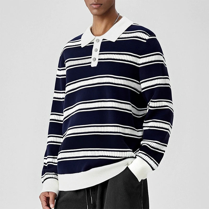 Threebooy  New American Trendy Men Polo Neck Sweater Light Luxury Striped Knit Long Sleeve Pullover Tops High Quality Loose Knitwear M-3XL