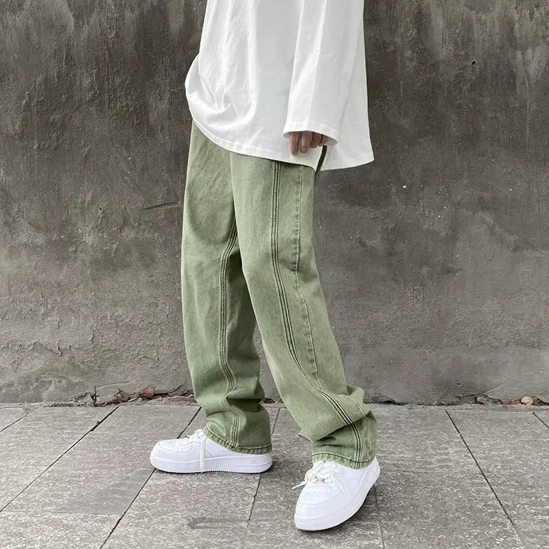 Threebooy  New Men's Streetwear Purple Green Jeans Fashion Baggy Straight Wide Pants Personality Y2k Hip Hop Male Denim Trousers