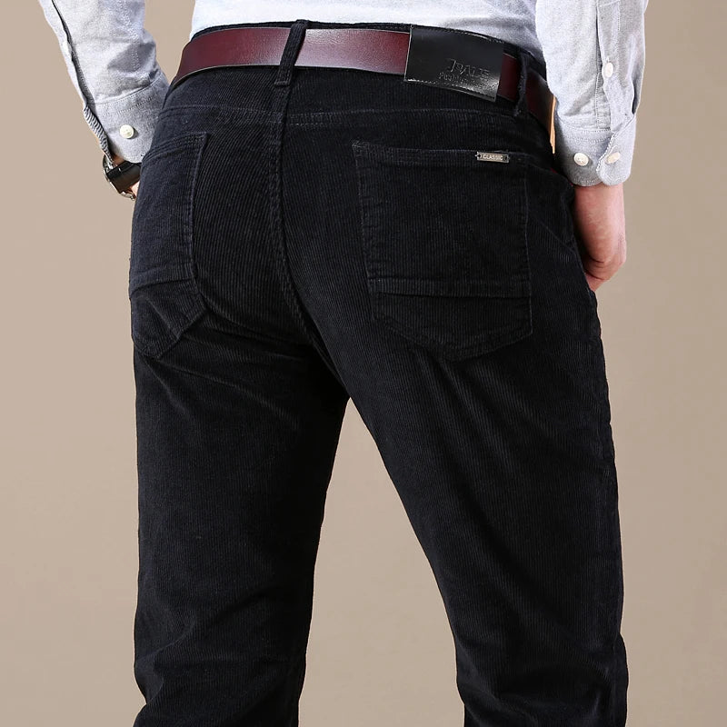Threebooy Men's Corduroy Autumn and Winter Casual Pants Business Fashion Elastic Regular Fit Stretch Trousers Male Black Khaki Coffee Navy