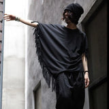 Threebooy 2024 New Men T Shirt Tassel Solid Color Cloak Punk Style Streetwear Fashion Irregular Tops O-neck Loose Casual Cape Camisetas